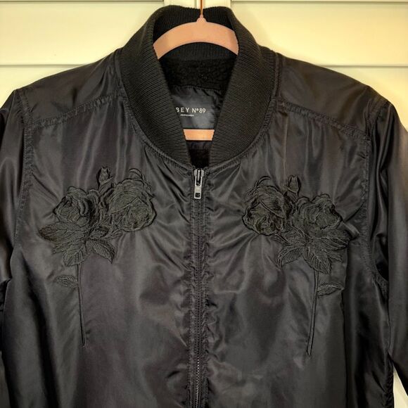 Obey Rose Embroidery Fleece-Lined Longline Black Bomber Jacket size M - Picture 6 of 12